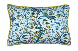 floral blue cushion with yellow piping