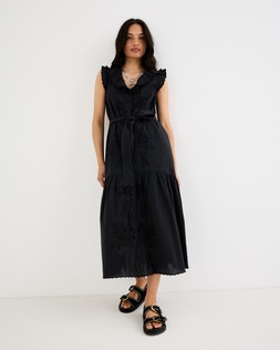 Black Floral Embroidered Frill Collar Tiered Midi Dress £85 €115