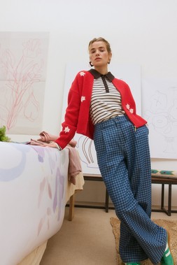 Blue Denim Gingham Wide Leg Jeans
