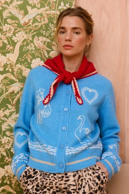 Blue Embroidered Crew Neck Knitted Cardigan
