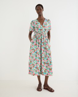 Blue & Pink Floral V-Neck Puff Sleeve Midi Dress £80 €104