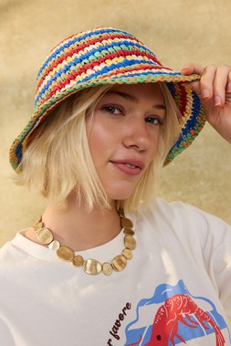 Blue & Red Striped Straw Bucket Hat £30 €39