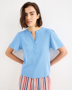 Blue Ribbed Short Sleeve Henley Top £35 €45.50