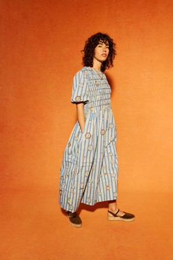 Blue Striped Plate Print Shirred Bodice Midi Dress £85
