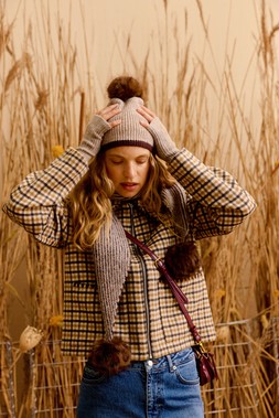 Brown Knitted Pom Pom Beanie Hat