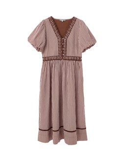 Brown & Pink Striped Seersuckerr Puff Sleeve Midi Dress £85 €115
