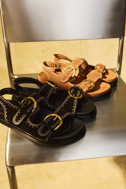 Toffee Suede Double Buckle Stitch Sandals