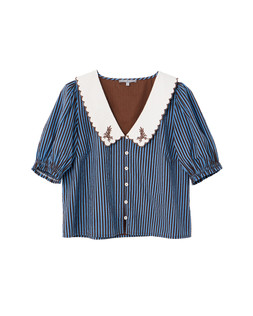 Chocolate Brown & Blue Striped Scalloped Collar Blouse £60 €78