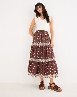 Chocolate Brown Polka Dot Scalloped Cutwork Midi Skirt £78 €102