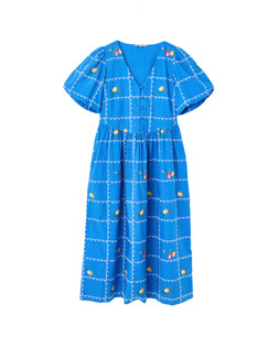 Cobalt Blue & White Embroidered Puff Sleeve Midi Dress