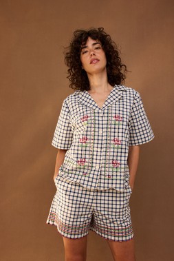 Cream & Blue Gingham Embroidered Short Sleeve Shirt £65