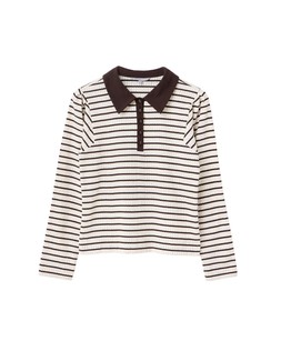 Cream & Brown Striped Pointelle Long Sleeve Polo Neck Top