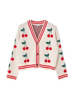 Cream Cherry V-Neck Knitted Cardigan