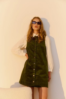 Forest Green Corduroy Button Up Mini Pinafore Dress £72