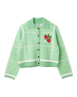 Green Checked Strawberry Embroidered Knitted Cardigan