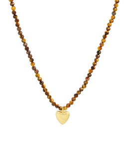Hestia Tiger's Eye & Engraved Heart Charm Beaded Pendant Necklace