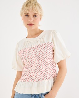 Ivory & Red Shirred Bodice Puff Sleeve Peplum Top £50 €65