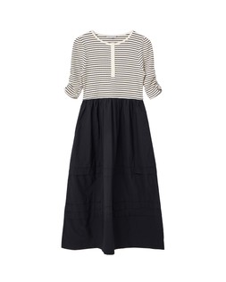 Monochrome Striped Ruched Sleeve Midi Dress