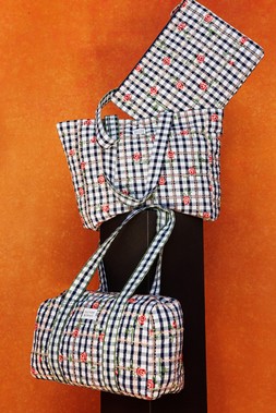 Navy Blue Gingham Rose Embroidered Quilted Tote Bag £46