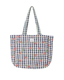 Navy Blue Gingham Rose Embroidered Quilted Tote Bag £46 €60