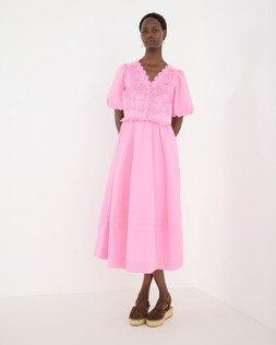 Pink Embriodered Puff Sleeve Midi Dress £85 €115