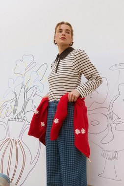 Red Daisy Embroidered Zip Up Knitted Bomber Jacket