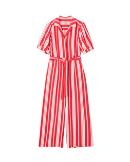 Red & Green Striped Short Sleeve Tie Waist Jumpsuit