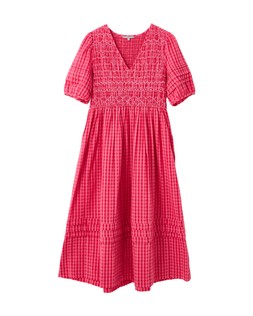 Red & Pink Gingham Shirred Bodice Puff Sleeve Midi Dress