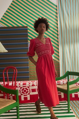 Red & Purple Striped Shirred Bodice V-Neck Midi Dress €115