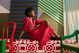 Red & Purple Striped Shirred Bodice V-Neck Midi Dress €115