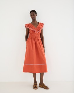 Rust Frill Neck Embroidered Midi Dress £82 €107