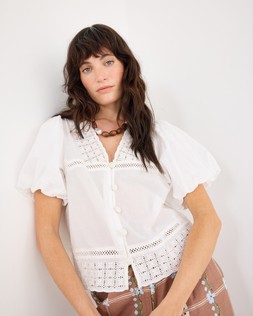White Broderie Crochet Button Up Puff Sleeve Blouse £60 €78