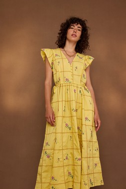 Yellow Floral Cross Stitch Embroidered Midi Dress £95