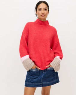 Red Colour Block Funnel Neck Knitted Jumper £65