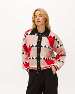 Cream & Red Geometric Button Up Knitted Bomber Jacket £85