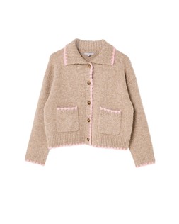 Camel Brown & Pink Blanket Stitch Collared Knitted Cardigan £75