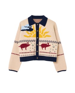 Cream & Blue Trim Farmyard Button Down Cardigan with Collar £78