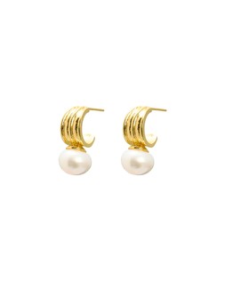 Margalo Pearl & Ridged Textured Gold Plated Hoop Drop Earrings £48