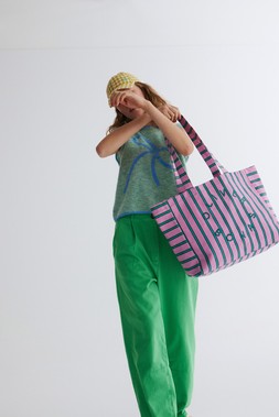 Oliver Bonas Soft Green Bow Tank £55 - Oliver Bonas Green Relaxed Peg Trouser £65 - Pink Green Stripe Fabric Shopper £22 Yellow Gingham Check Hat £28 (4)
