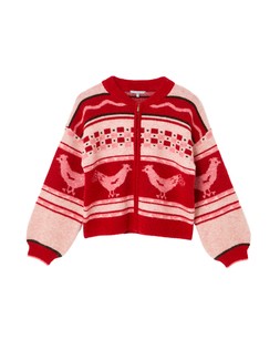 Pink & Red Chicken Knitted Bomber Jacket with Collar £78