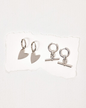Aretha Silver Tone Waterproof T-Bar Drop Hoop Earrings from Oliver Bonas