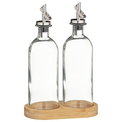 B&M HOME SS26 // TAPAS & PIZZA // SET OF 2 GLASS OLIVE & VINEGAR BOTTLES ON BAMBOO STAND // £5 //