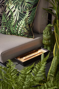 B&M GARDEN SS26 // BOTANICAL // BOTANICAL FOILED CUSHION BLACK £8 // CERAMIC GNOME £5 // BLACK CERAMIC RECTANGULAR CANDLE £8 //