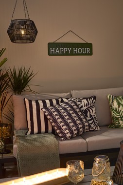 B&M GARDEN SS26 // BOTANICAL // SOLAR POWERED STRING HANGING LIGHT £15 // HAPPY HOUR METAL WALL PLAQUE £4 // LEAF PRINT CUSHION - BLACK £6 //