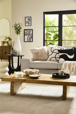 HOME SS26 // JAPANDI CALM // KRISTEN SIDEBOARD - DARK £100 // LARGE OVER MANTLE MIRROR £18 // CERAMIC RIBBED DISH £10 //