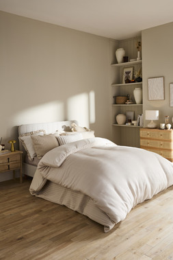 B&M HOME SS26 // RAW BEAUTY // NATURAL QUILTED DUVET SET - DOUBLE £25 KING £30 // ATHENA DUVET SET NATURAL - DOUBLE £20 KING £25 // STRIPE RUFFLE EDGE CUSHION £10 //
