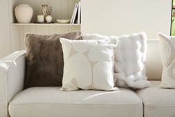 B&M HOME SS26 // RAW BEAUTY // ASPEN CUSHION - CHOCOLATE £10 // EMBROIDERED CREAM CUSHION £10 // BUBBLE FAUX FUR CUSHION £10 //
