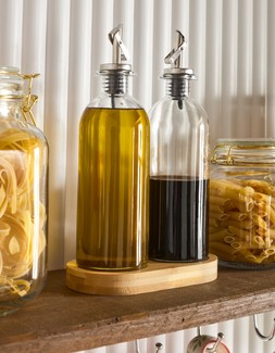 B&M HOME SS26 // KITCHEN // SET OF 2 OLIVE & VINEGAR BOTTLES ON BAMBOO STAND £5 //