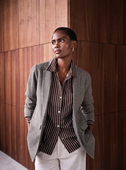 Check Blazer £38, Striped Shirt £22, Wide Leg Cord Trousers £24