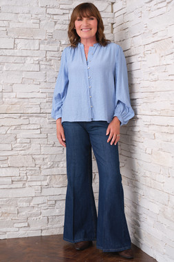Collarless Shirt £18, Flared Jeans £25 1